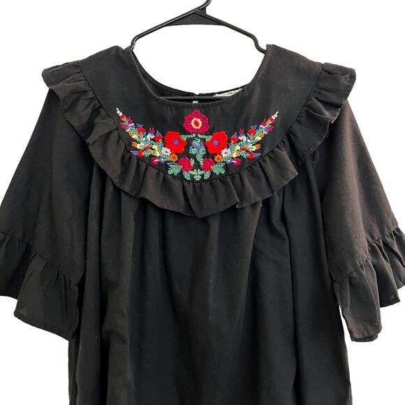 entro Tops - Black ruffled embroidered short sleeve boho festival top by Entro Medium